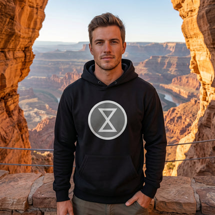 Black Kapemni Lakota symbol graphic on a unisex black pullover hoodie.