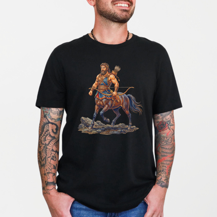 Centaur archer graphic tee shirt featuring Greek mythology fantasy warrior design.