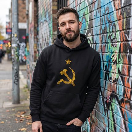 Black hoodie with distressed yellow Hammer and Sickle graphic, featuring communist USSR symbolism.