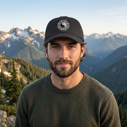 Embroidered Bagua Yin Yang baseball cap featuring eight trigrams design.