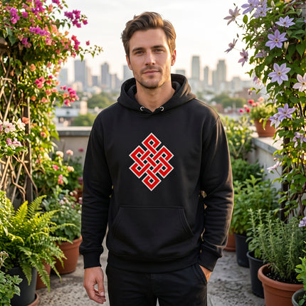 Black hoodie featuring a red Endless Knot symbol graphic. Unisex pullover apparel.