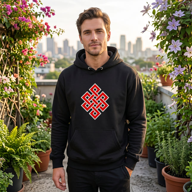 Black hoodie featuring a red Endless Knot symbol graphic. Unisex pullover apparel.