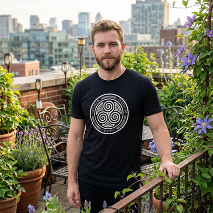 Black t-shirt with Celtic triskelion symbol and Mother Maiden Crone text.