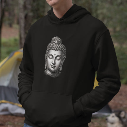 Grayscale Buddha head graphic on a black hoodie, symbolizing Zen, meditation, and spiritual peace.