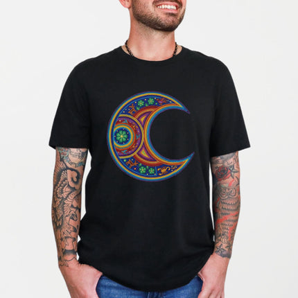 Vibrant Huichol Moon T-Shirt | Colorful Mexican Folk Art Indigenous Design