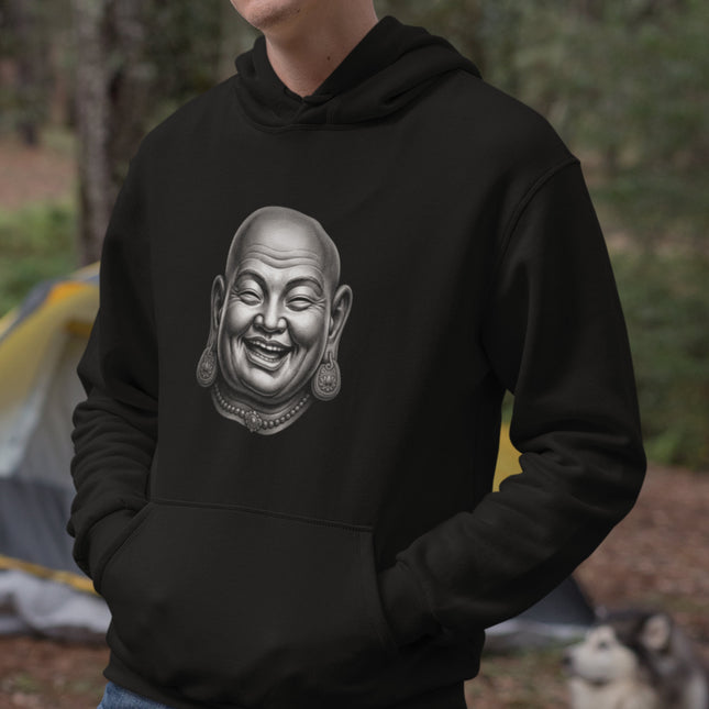 Grayscale Laughing Buddha Hotei art printed on a black unisex pullover hoodie.