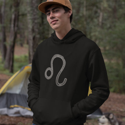 Black hoodie featuring an intricate silver Leo zodiac sign symbol.