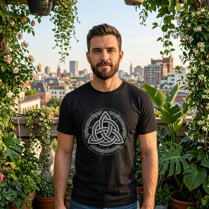Black t-shirt with Celtic Triquetra knotwork design.