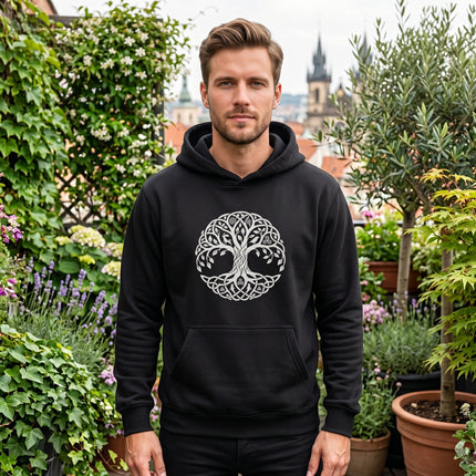Black hoodie featuring a white Celtic Tree of Life knotwork graphic design.
