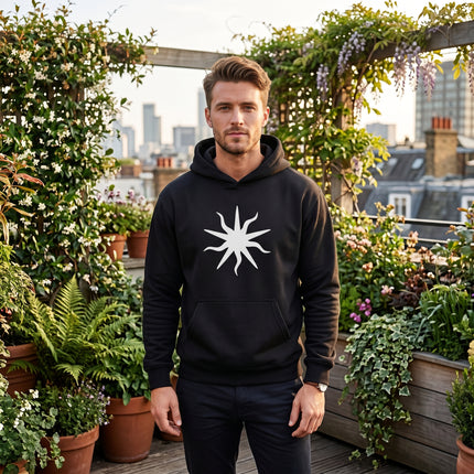 Black hoodie with white wavy solar sun graphic, occult and mystic apparel.