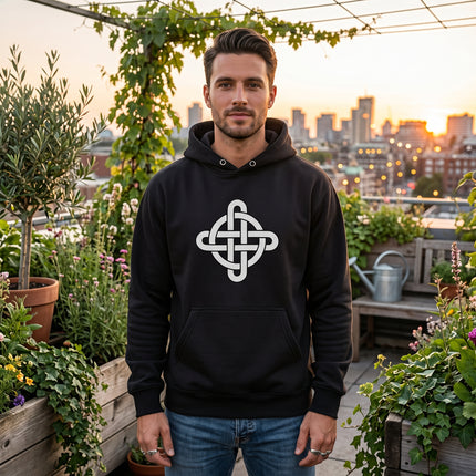 Black hoodie featuring a white Celtic knotwork cross design.