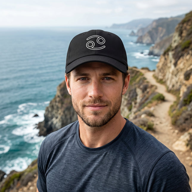 Black baseball cap featuring the embroidered Cancer zodiac sign. Astrology gift.