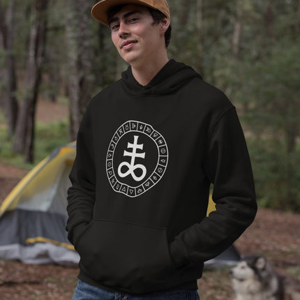 Leviathan Cross occult symbol pullover hoodie featuring esoteric alchemy designs.