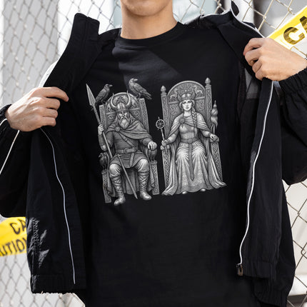 Odin and Frigg Norse gods graphic tee. Intricate design of the Allfather and Allmother.