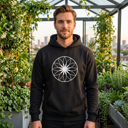 Black hoodie with white sacred geometry lotus of life design.