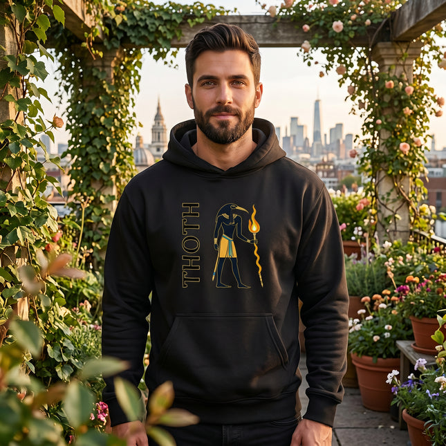 Black hoodie featuring Thoth, the Egyptian god, holding a flaming staff.