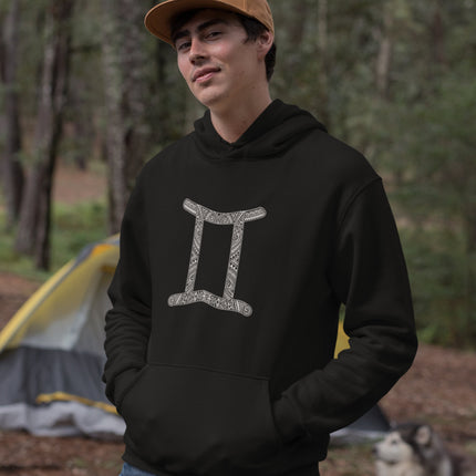 Black hoodie featuring the Gemini zodiac symbol with an ornate tribal pattern.