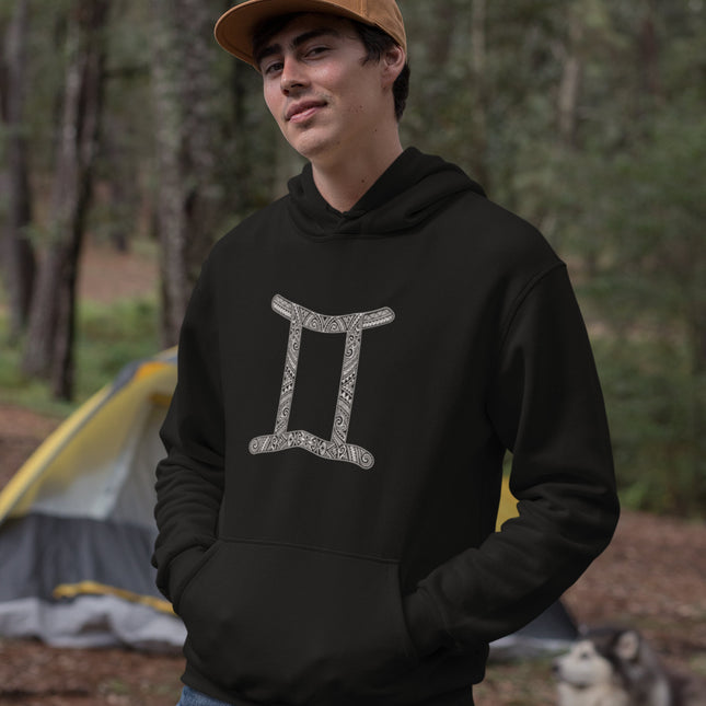 Black hoodie featuring the Gemini zodiac symbol with an ornate tribal pattern.
