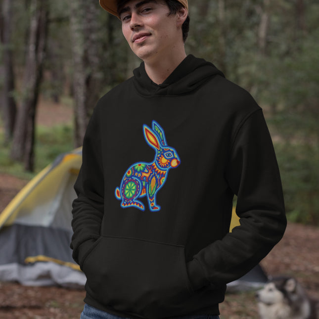 Colorful Huichol Rabbit Hoodie | Mexican Folk Art Inspired Pullover Hoodie