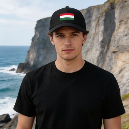 Black baseball cap featuring the Hungarian flag (red, white, green) design.