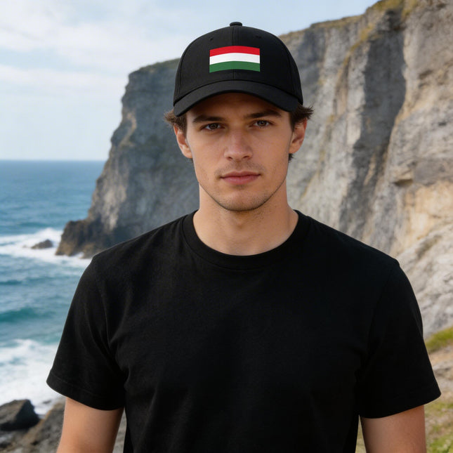 Black baseball cap featuring the Hungarian flag (red, white, green) design.