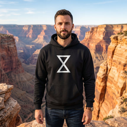 Black hoodie featuring the white Lakota Kapemni Native American symbol graphic.