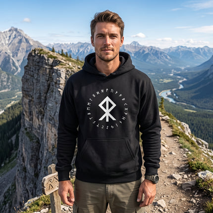 Black Norse hoodie featuring the Bind Rune sigil. Viking mythology graphic apparel for streetwear.
