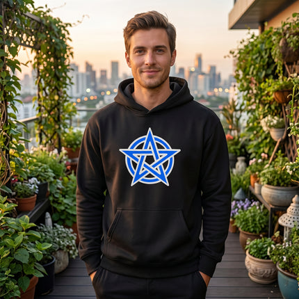 Black unisex hoodie featuring a blue pentagram symbol. Occult, pagan, and magic themed apparel.