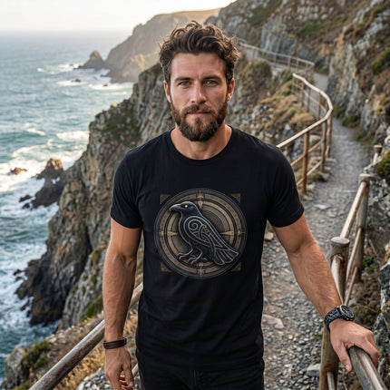 Norse raven knotwork graphic tee. Black Viking mythology t-shirt featuring a stylized raven design.