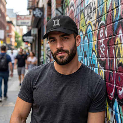 Black baseball cap featuring the embroidered Gemini zodiac symbol.