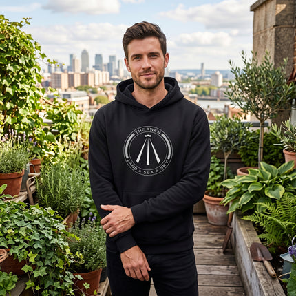 Celtic Awen Land Sea Sky symbol graphic on black unisex hoodie.