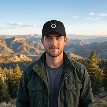 Black embroidered Taurus zodiac symbol dad hat.