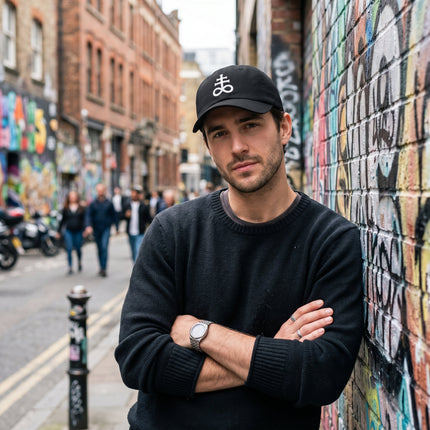 Black baseball cap with embroidered Leviathan Cross symbol for streetwear style.