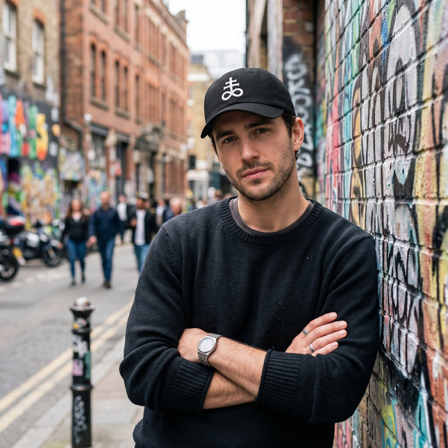 Black baseball cap with embroidered Leviathan Cross symbol for streetwear style.