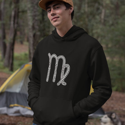 Dark pullover hoodie displaying the ornate Celtic knot Virgo zodiac symbol.