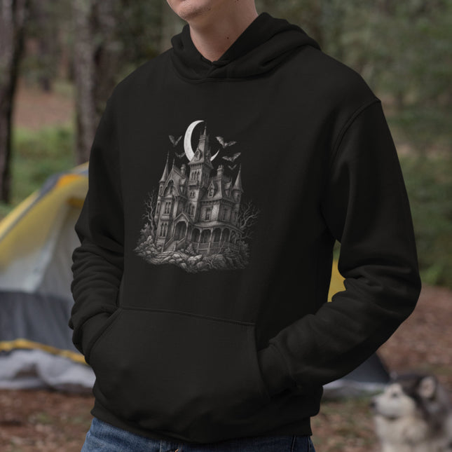 Haunted House Hoodie | Spooky Mansion Bats & Moon Gothic Pullover Hoodie