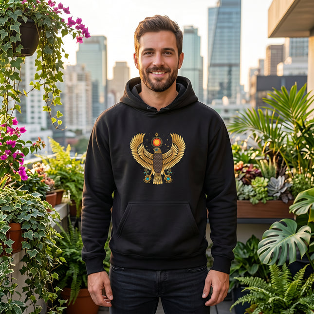 Unisex black hoodie featuring a golden Egyptian Ra falcon god graphic print.