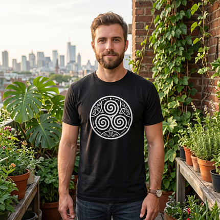 Black t-shirt featuring a white Celtic Triskelion symbol graphic design.