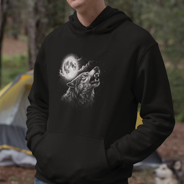 Celestial howling wolf and full moon graphic on a black pullover hoodie.