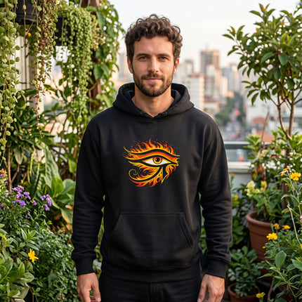 Fiery Eye of Ra symbol graphic printed on a black unisex hoodie. Ancient Egyptian sun god apparel.