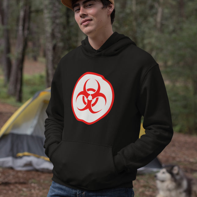 Red Biohazard Symbol Unisex Hoodie | Danger Warning Graphic Pullover Fleece