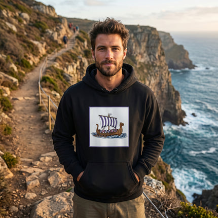 Norse Viking longship graphic on a black hoodie, featuring striped sails and shields.