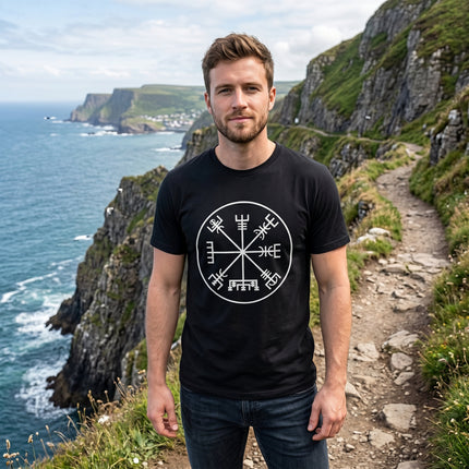Vegvisir rune compass graphic tee on a black unisex t-shirt.