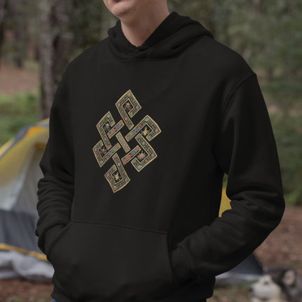 Endless Knot Buddhist symbol on a black unisex pullover hoodie.