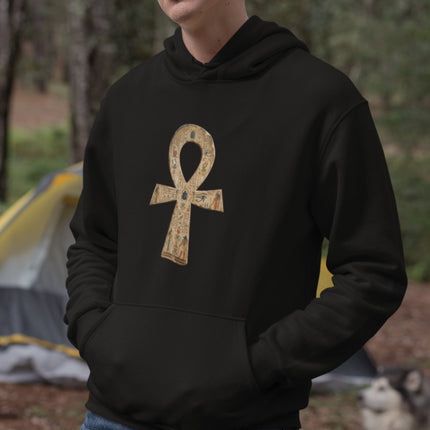 Distressed Ankh symbol on a black hoodie, representing ancient Egyptian life and mythology.