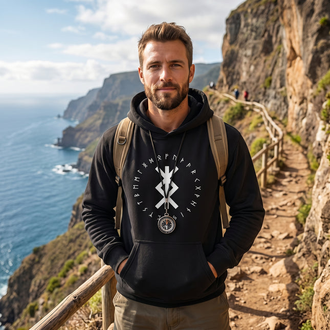 Black Norse graphic hoodie featuring a bind rune and protective Viking sigils.