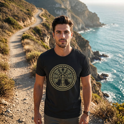 Norse Yggdrasil World Tree of Life graphic tee with gold circular design.