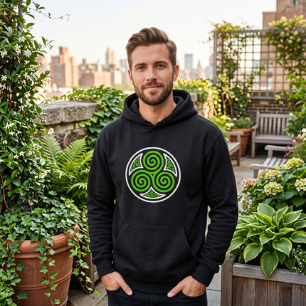 Green Celtic triskelion spiral symbol on a black pullover hoodie.