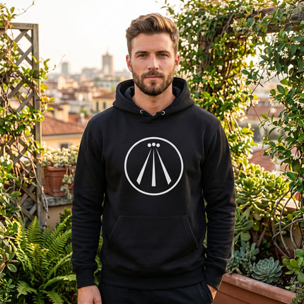 Black unisex hoodie featuring the white Celtic Awen symbol graphic.
