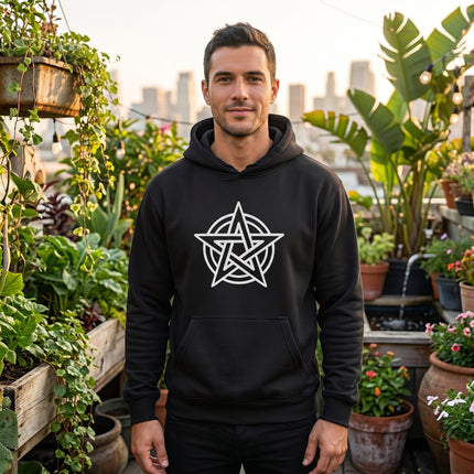 White pentagram pentacle graphic on a black unisex occult hoodie.